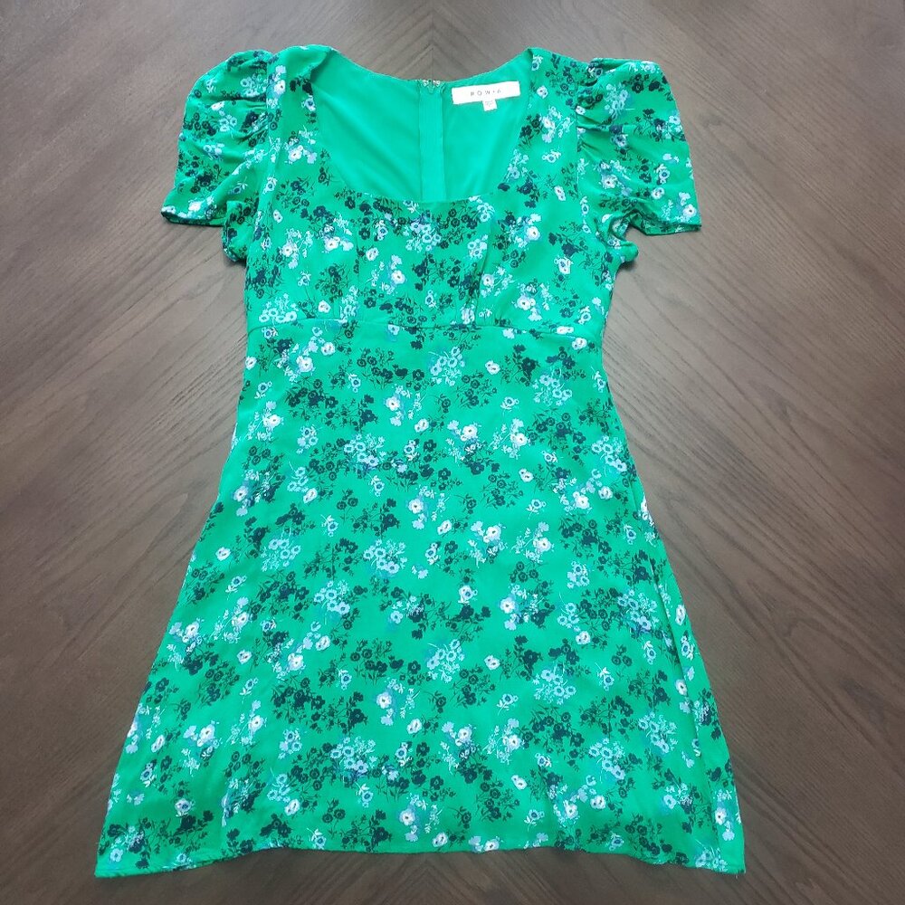 Green Floral Square-Neck Mini Dress by